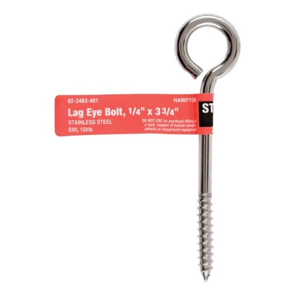 Hampton 02-3463-401 Lag Eye Bolt Stainless Steel Screw 0.25 x 3.75 in. 5PK 58415